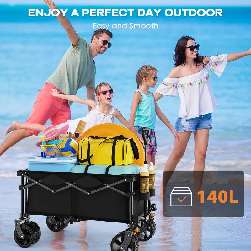 Collapsible Wagon Cart Heavy Duty Foldable, Folding Beach Wagon with Big Wheels for Sand, Utility Grocery Cart with Side Pocket