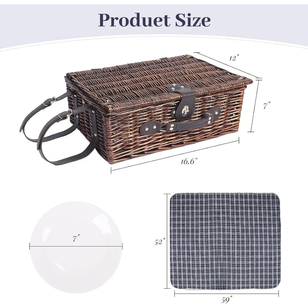 Wicker Picnic Basket for 4 with Insulated Cooler & Waterproof Blanket – Large Willow Picnic Hamper for Outdoor, Camping, Beach,