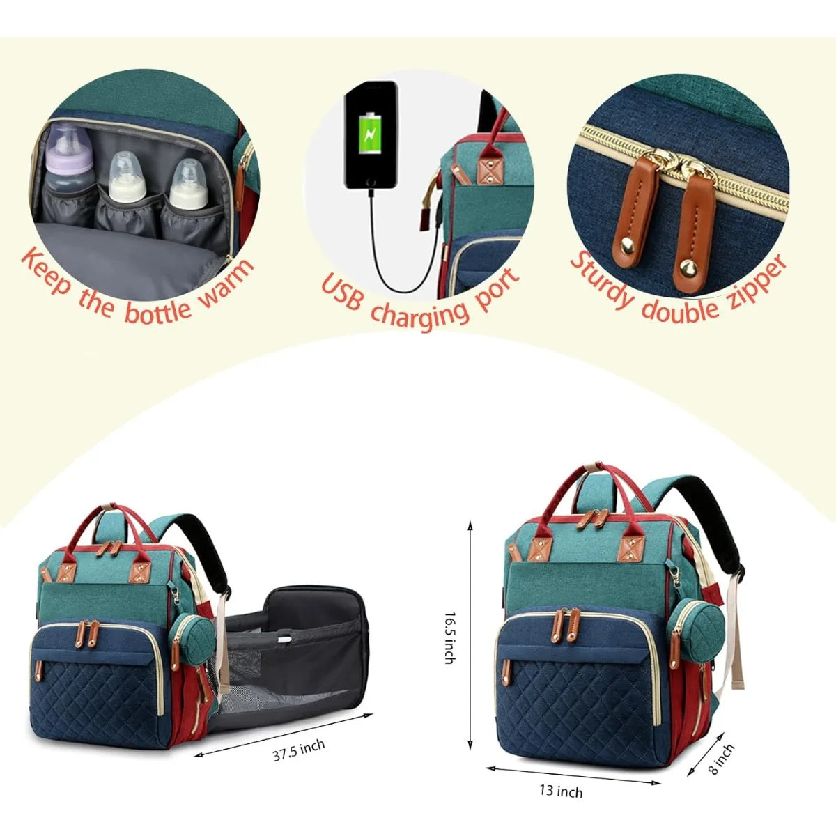 Diaper Bag with Changing Station 3 in 1 Baby Diaper Backpack with Foldable Changing Pad, Large Travel Back Pack for Girl Boy