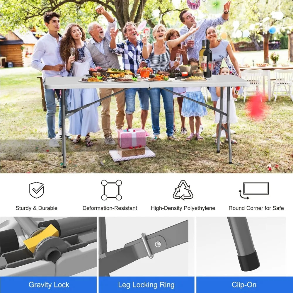 Foldable Table 6ft, Plastic Folding Table, Portable Heavy Duty Dining Table with Lock Function & Carrying Handle, Outdoor Indoor