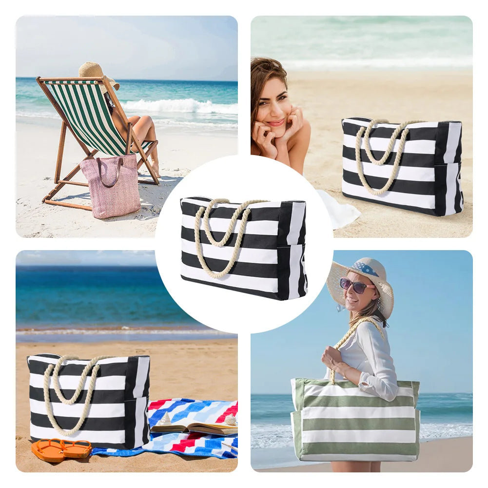 Women Beach Bag Stripe Waterproof Sandproof Shoulder Bag Large Capacity Canvas Tote Bag with Zipper Travel Handbag Swim Pool Bag