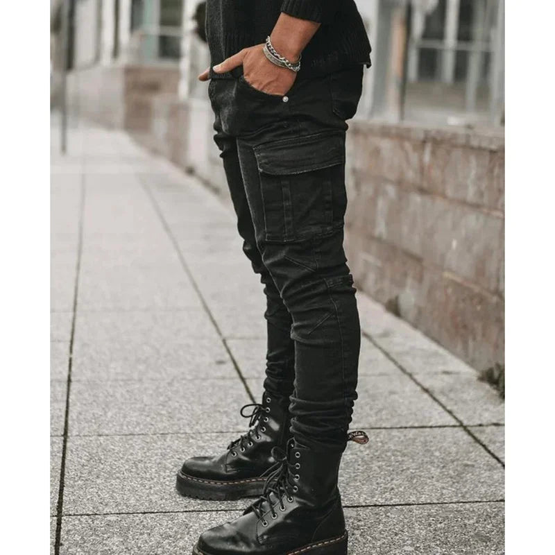 Men Casual Pencil Jeans Male Elastic Multi Pocket Small Slim High Street Denim Pants Wash Solid Color Mid Waist Cargo Jeans