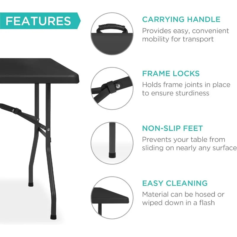 6ft Plastic Folding Table, Indoor Outdoor Heavy Duty Portable w/Handle, Lock for Picnic, Party, Camping - Black