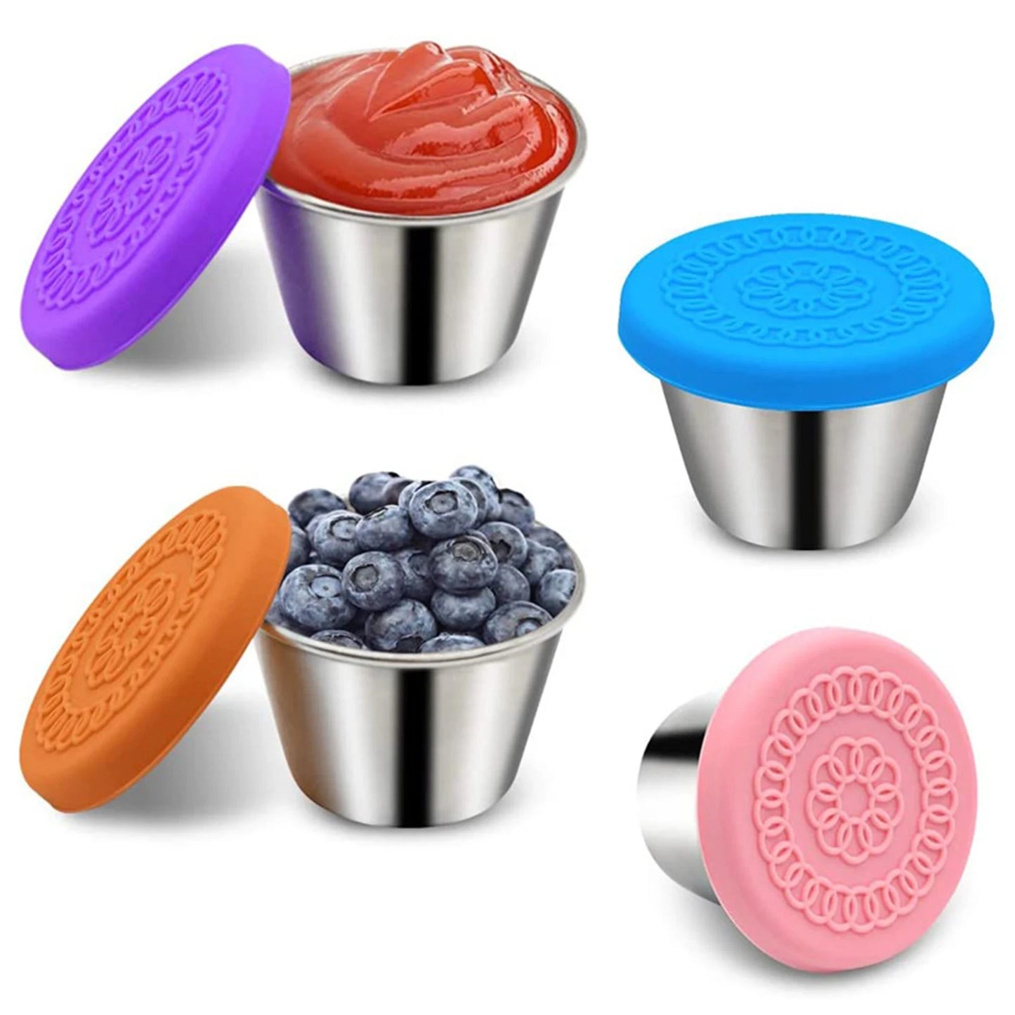 Salad Dressing Cups Sauce Container Reusable Leakproof 304 Stainless Steel Condiment Containers With Silicone Lids