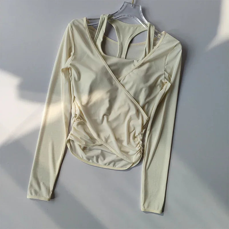 Sexy Mesh Slimming Yoga Suit for Women, Gathering Together, Sports Bra, Two Pieces, Quick Dry Training, Pilates Cover Up Blouse