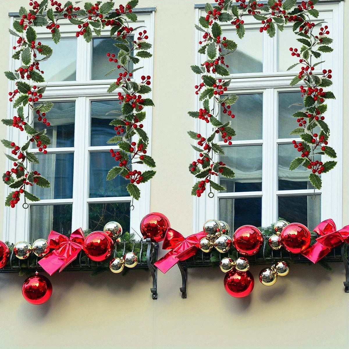 2 Pack Christmas Garlands, 5.74ft Red Berries & Holly Leaves Garland, Artificial Garland for Indoor Outdoor Fireplace
