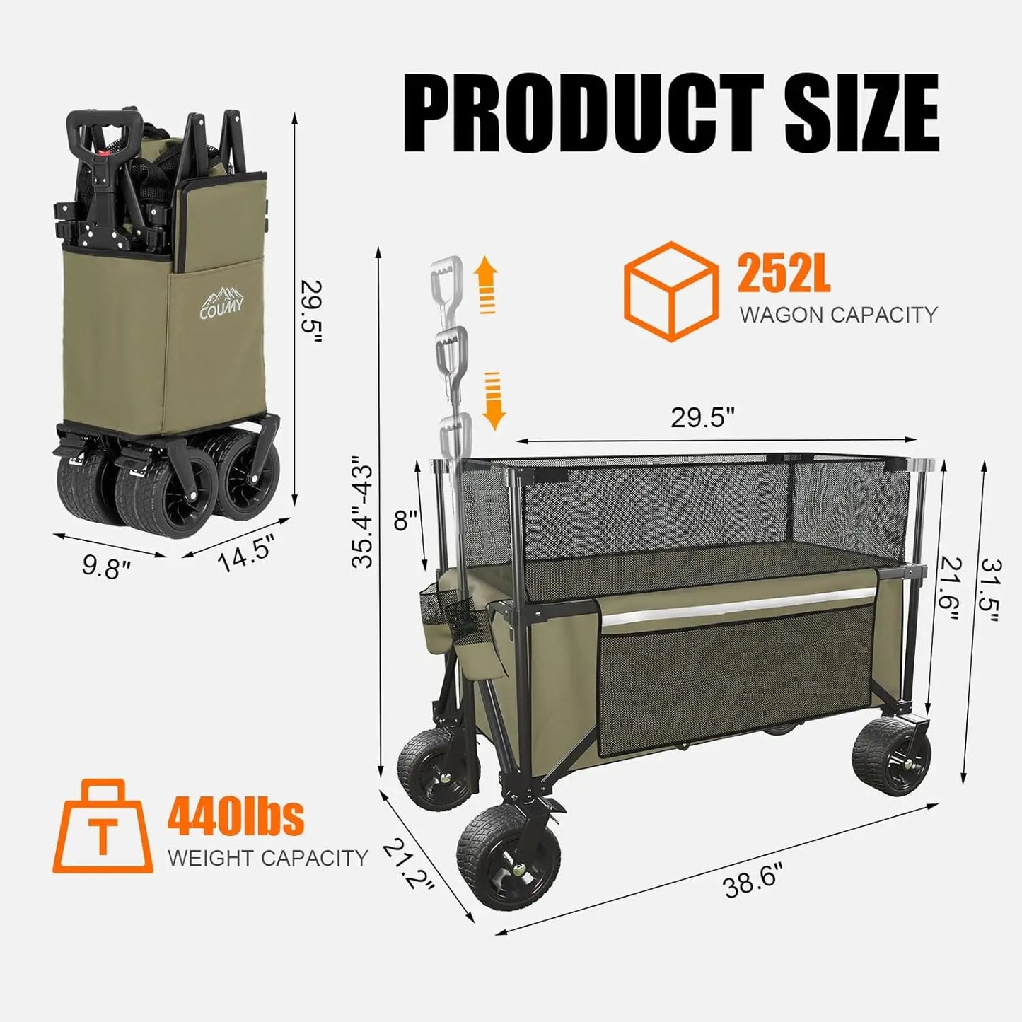 Collapsible Wagon Cart with 440lbs Weight Capacity Heavy Duty Camping Garden Cart with All Terrain Wheels Adjustable Handle Side
