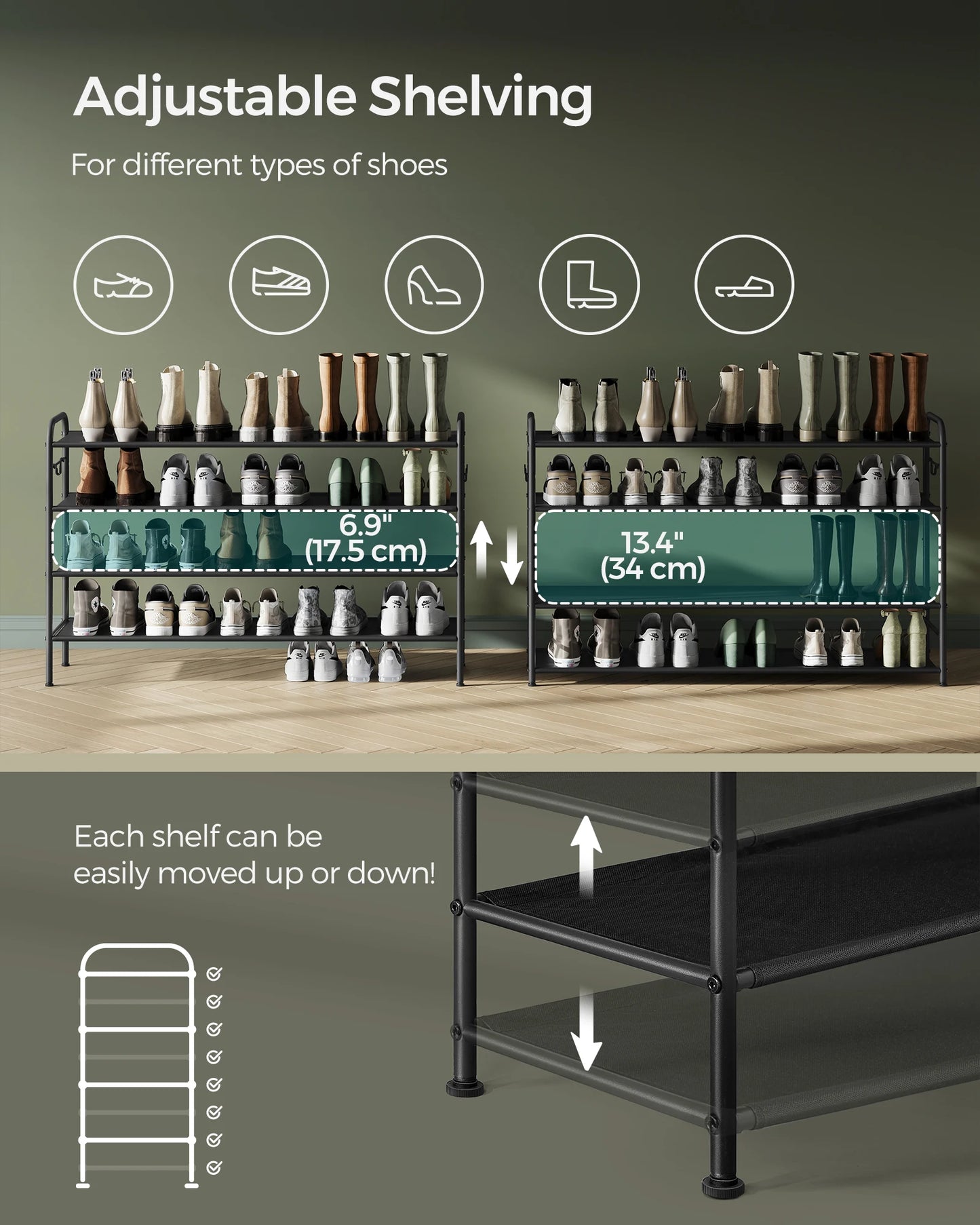SONGMICSHOME 4-Tier Fabric Shoe Organizer Rack with Hooks Holds up to 24 Pairs of Shoes Entryway Storage Solution