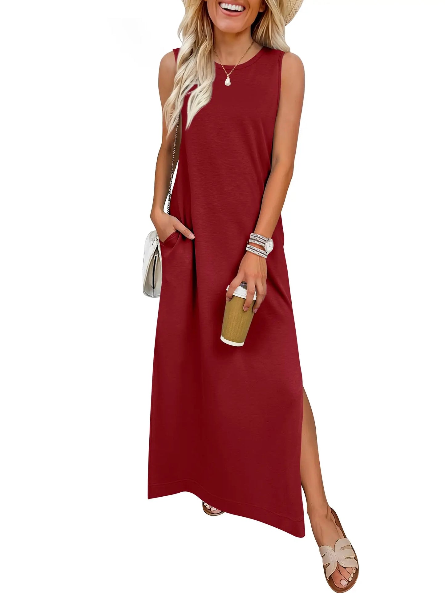 Women Summer Sleeveless Maxi Sundress With Pockets Casual Beach Vacation Dress