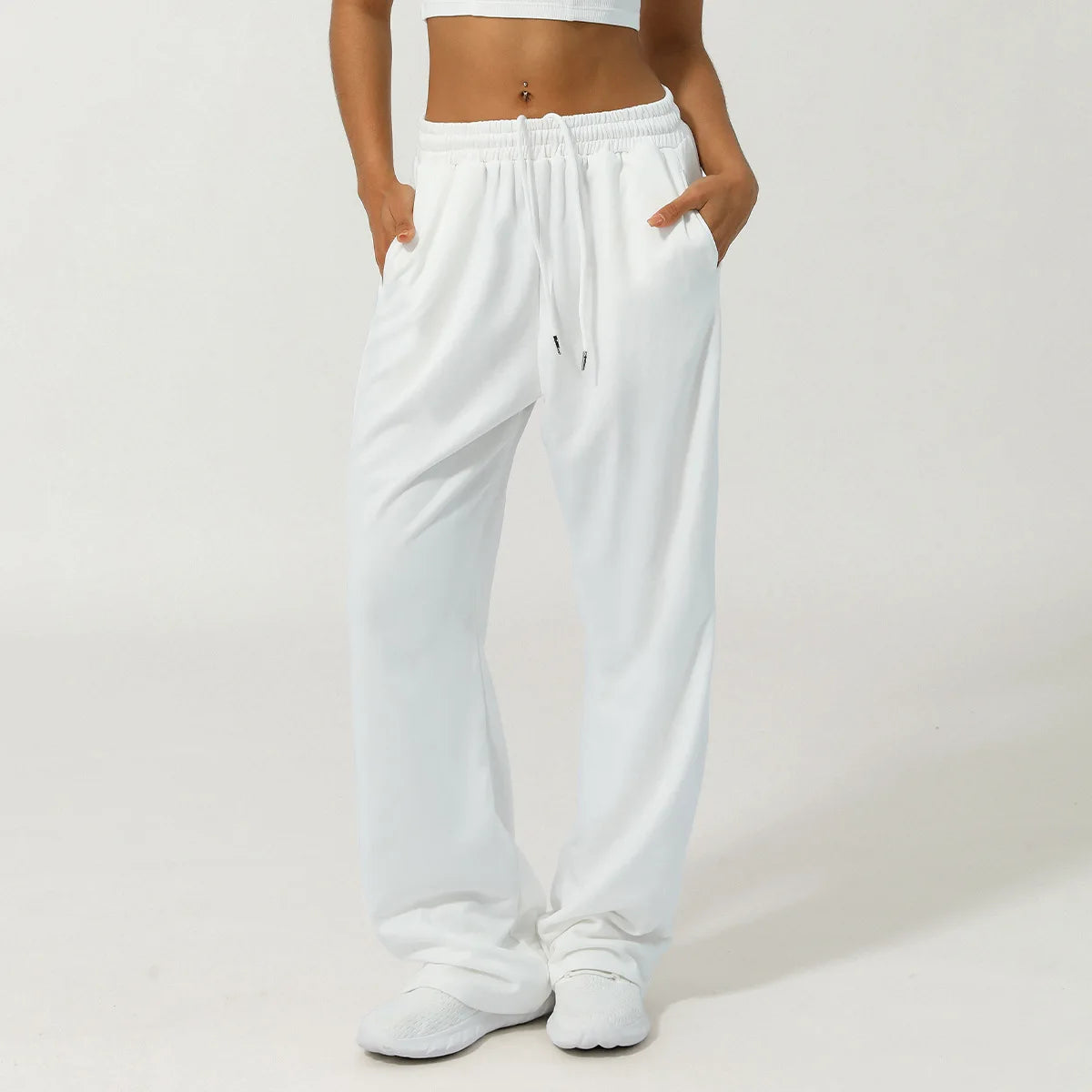Women Solid Color Sweatpants Drawstring Waist Pocket Running Yoga Pants Loose Wide Leg Casual Sports Trousers Workout Clothes