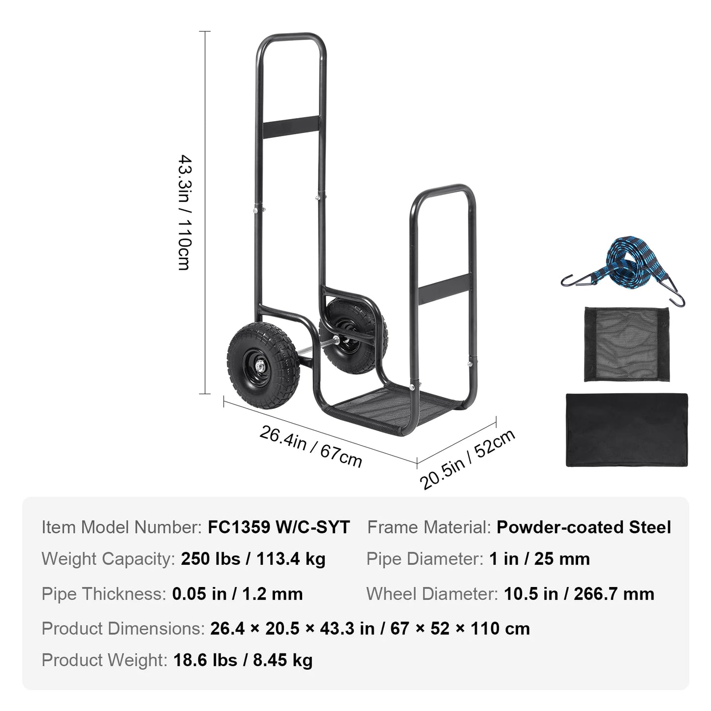 SucceBuy Firewood Log Cart Outdoor and Indoor Wood Rack Storage Mover with Wheels Heavy Duty Steel for Fireplace Fire Pit Black