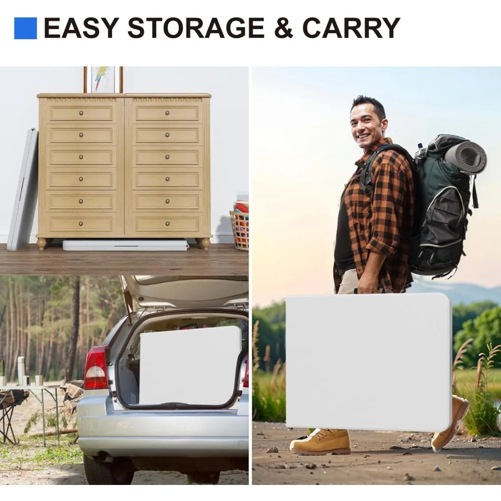 Foldable Table 6ft, Plastic Folding Table, Portable Heavy Duty Dining Table with Lock Function & Carrying Handle, Outdoor Indoor