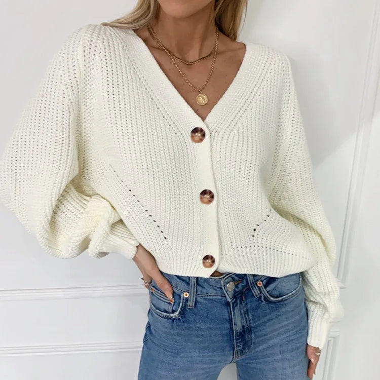 2026 Autumn/Winter New Women's Cardigan, Pure Color V-Neck, Bell Sleeve, Button Knit Cardigan