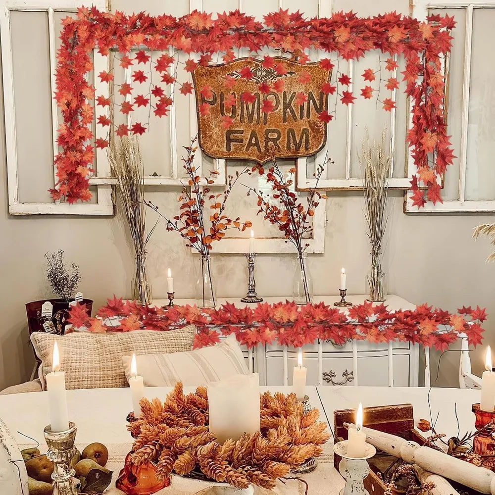 24 Pack Fall Leaf Garland, Hanging Vines Garland Artificial Fall Maple Leaves Thanksgiving Decor for Home Fireplace Party (Mixe