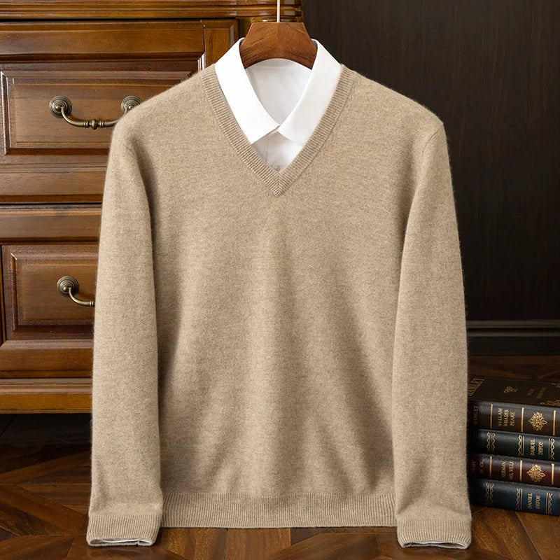 Fashion Men's 100% Cashmere Pullover Sweater V-neck Long Sleeve Thick Pullover Autumn Winter Smart Casual Cashmere Knit Clothing