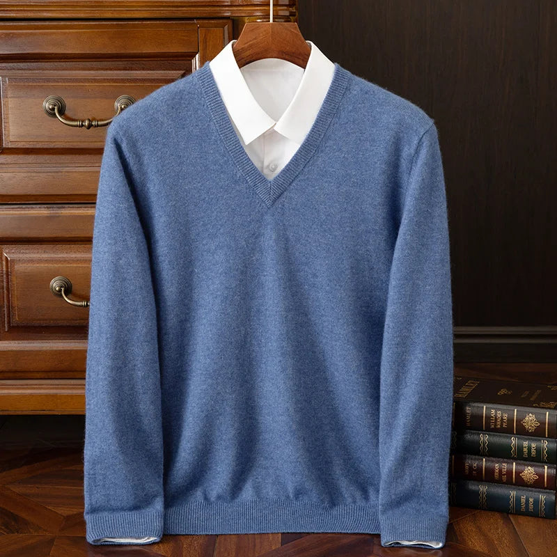 Fashion Men's 100% Cashmere Pullover Sweater V-neck Long Sleeve Thick Pullover Autumn Winter Smart Casual Cashmere Knit Clothing