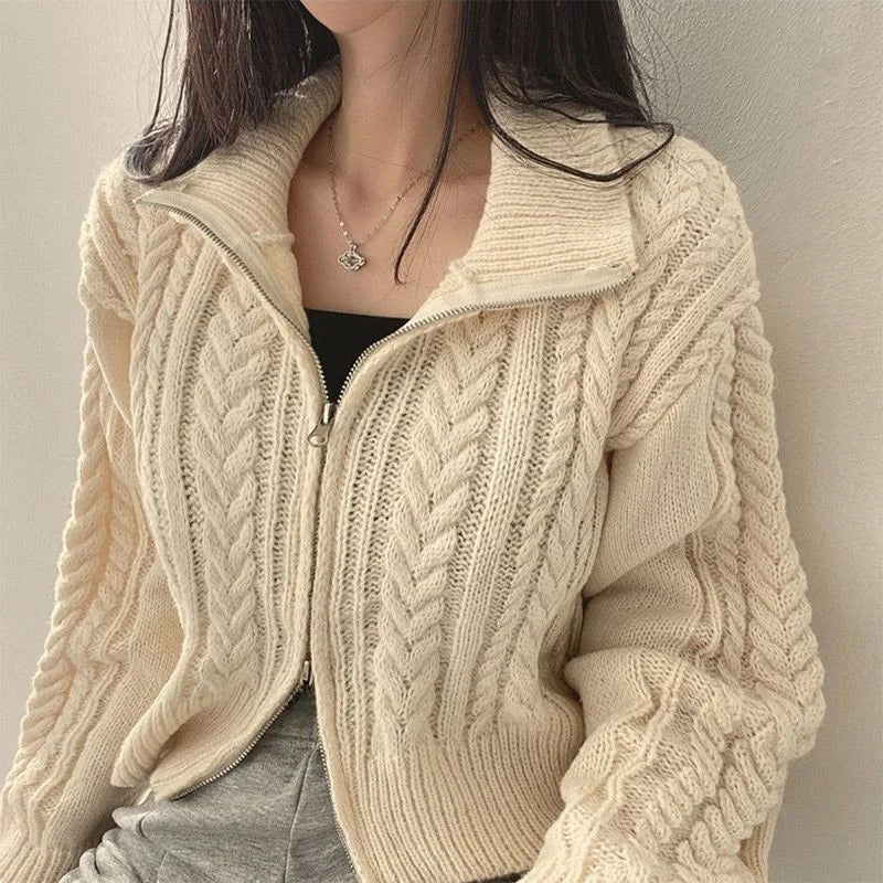 Loose Knitted Open Cardigan Sweater Spring Autumn Retro Collar Twist Version Top zipper Women's Faion