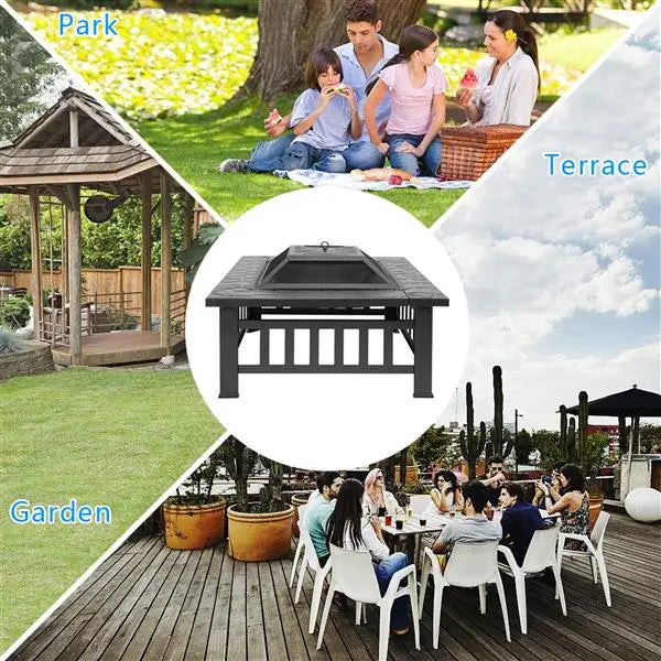 Multifunctional Fire Pit Table 32in Square Metal Firepit Stove Backyard Patio Garden Fireplace for Camping, Outdoor Heating