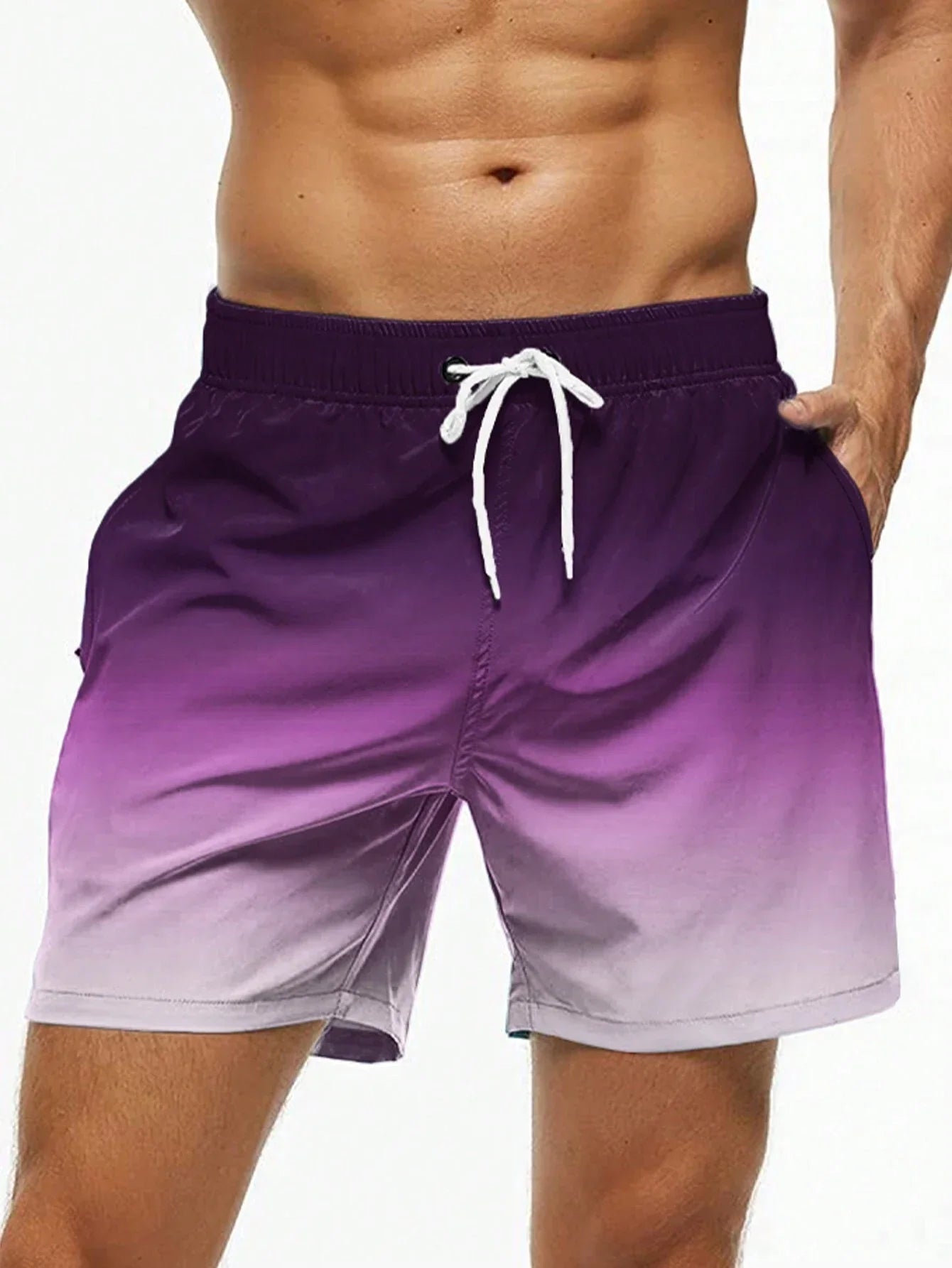 Men's Beach Shorts Gradient Color Block Drawstring Summer Men's swim Trunks Elastic Waist 3D Print Breathable Short Streetwear