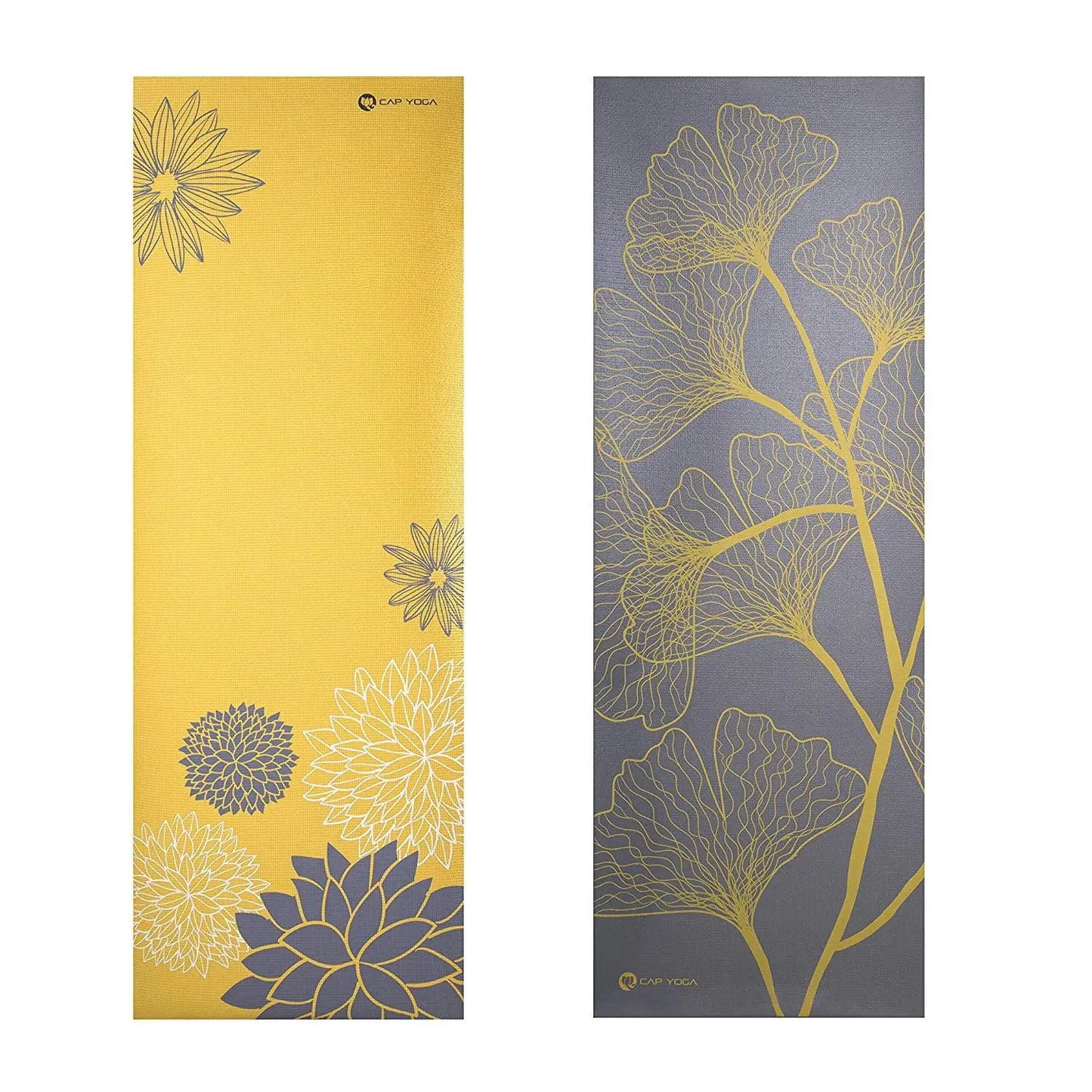 Double sided yoga mat, exercise mat, fitness equipment, 5mm, with straps, dahlia and ginkgo
