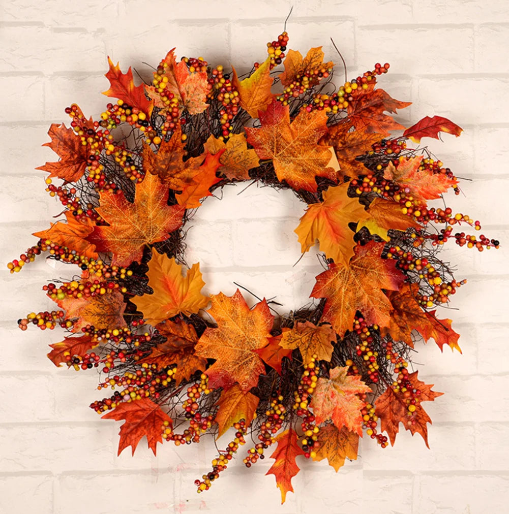 1Pc Xmas Thanksgiving Day Artificial Berries Maple Leaf Garland Realistic Unfading Foam, Rattan Wreath Hanging Decor