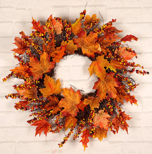 1Pc Xmas Thanksgiving Day Artificial Berries Maple Leaf Garland Realistic Unfading Foam, Rattan Wreath Hanging Decor