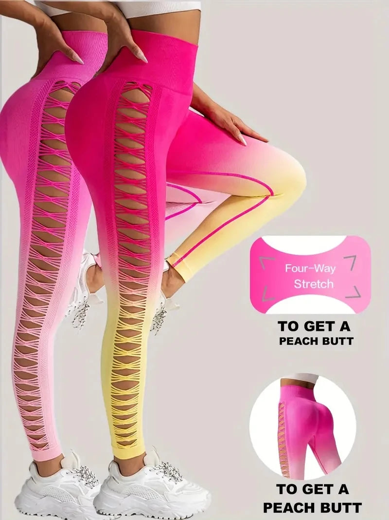 2 Pack US Local Women’s Gradient Hollow Out Yoga Tight Buttocks Lift Sexy Athletic High Waisted Tummy Control Workout Yoga Pants