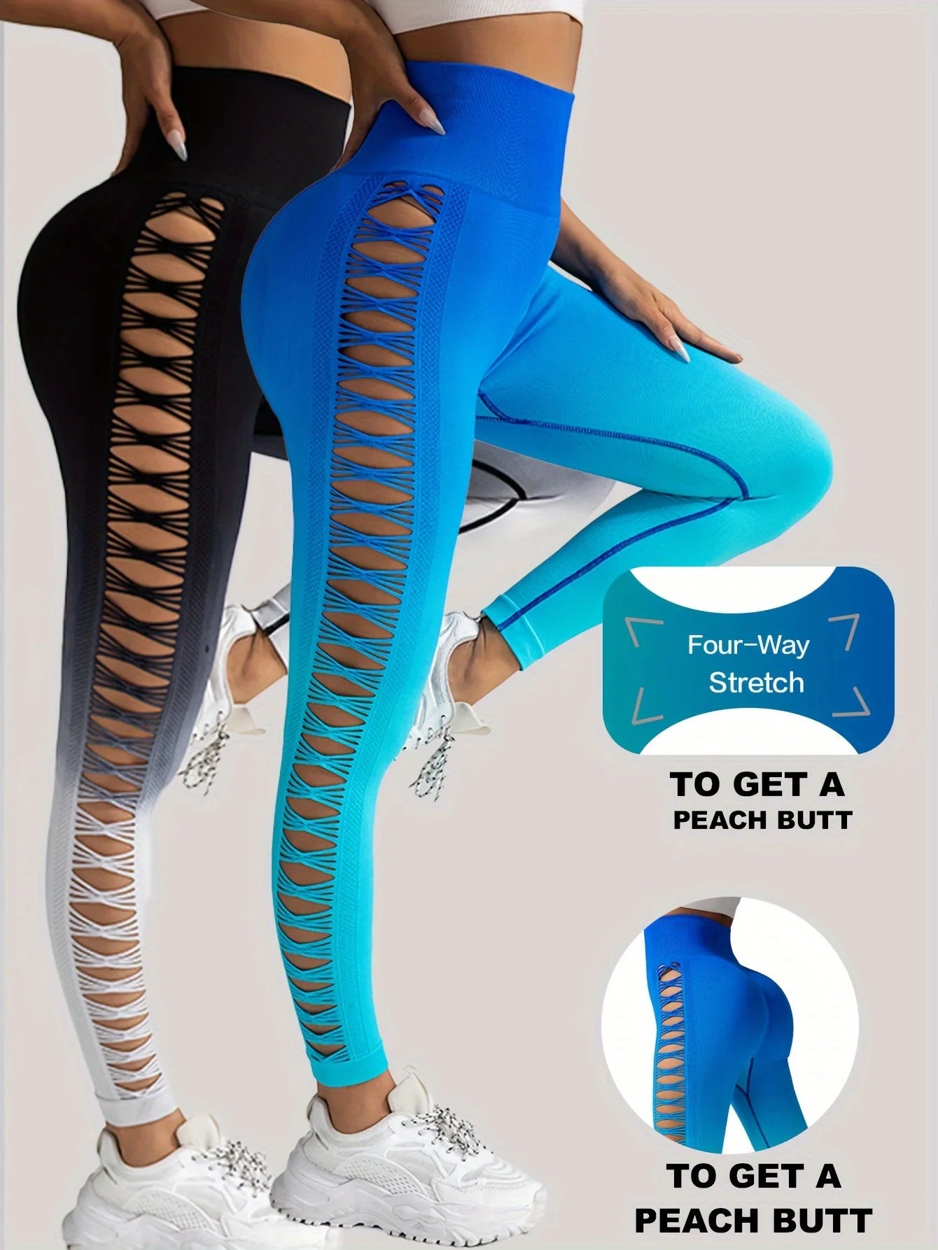 2 Pack US Local Women’s Gradient Hollow Out Yoga Tight Buttocks Lift Sexy Athletic High Waisted Tummy Control Workout Yoga Pants