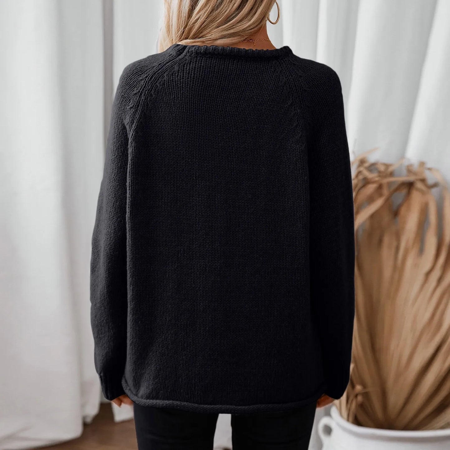 Women'S Fashion Casual Round Neck Solid Color Rolled Hem Pullover Long Sleeve Loose Sweater Ropa De Mujer Winter Clothes Woman
