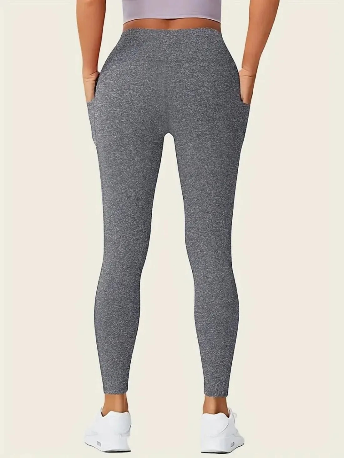 Solid Color Yoga Pants with Pocket, High Stretch Fitness Leggings for Women, Tummy Control Workout Running Sports Activewear, 4-