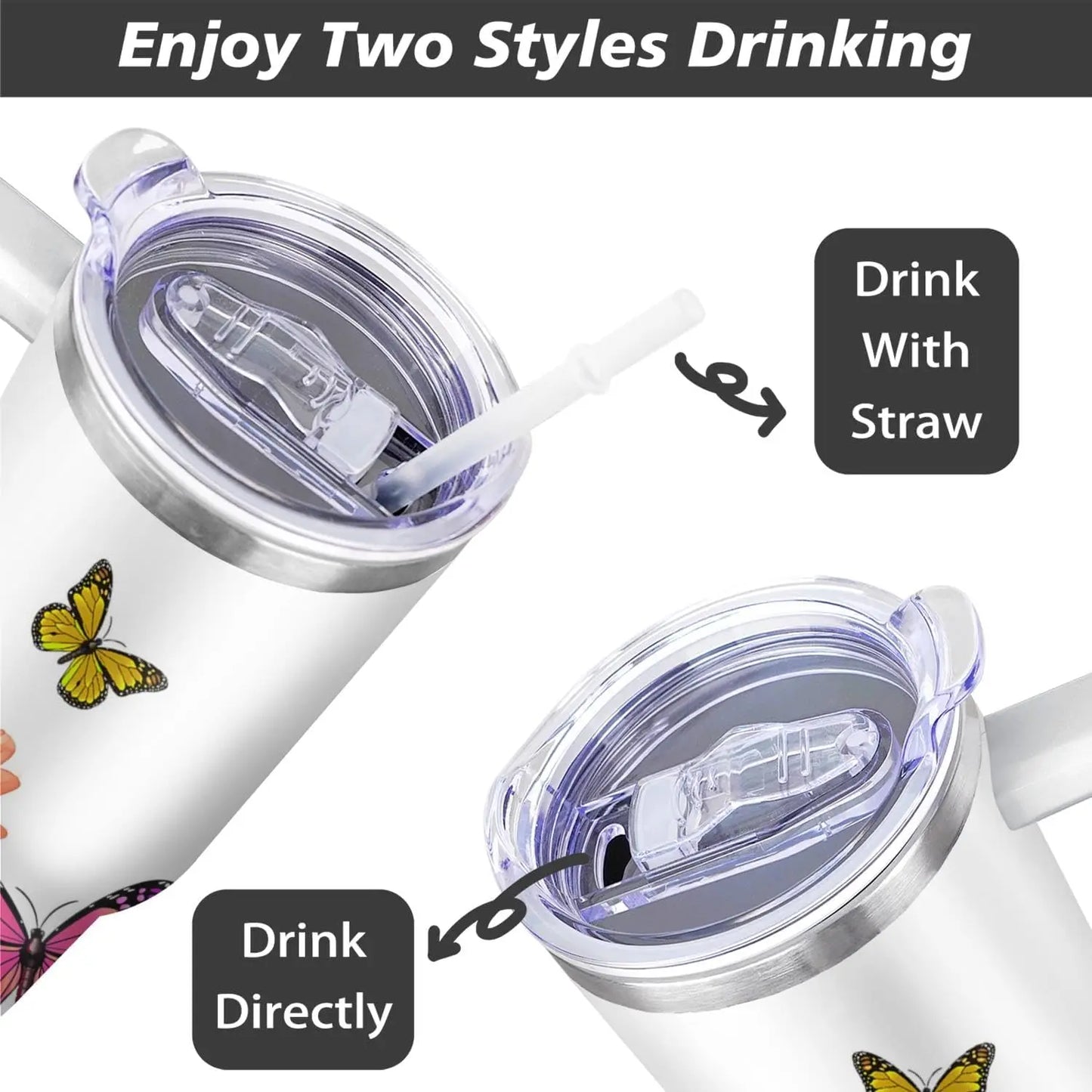 40oz Butterfly Tumbler with Handle and Straw Flower Insulated Cup with Leakproof Lid Travel Drinking Cups Birthday Gifts