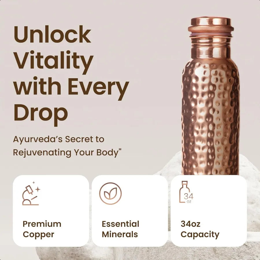 Pure Copper Water Bottle for Drinking Water 34 Oz Hammered Finish Stay Hydrated and Enjoy Ayurvedic s LeakProof Temperature Ret