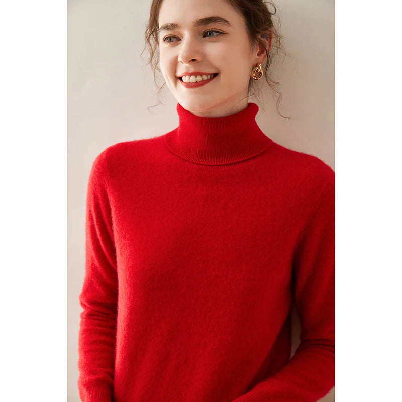 Cashmere Sweater Women's Turtleneck Long Sleeved Knitted Pullover 100% Pure Cashmere Base Sweater Korean Version Women's Top
