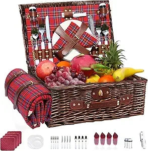 Wicker Picnic Basket for 4 with Insulated Cooler & Waterproof Blanket – Large Willow Picnic Hamper for Outdoor, Camping, Beach,