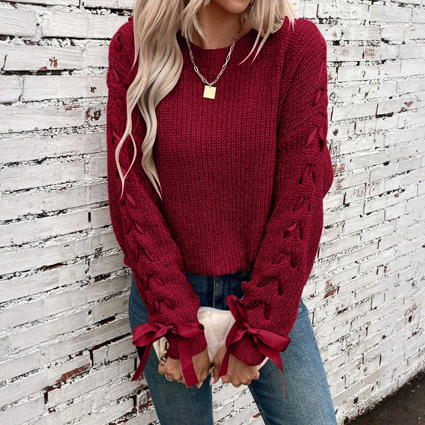 Women'S Fashion Casual Round Neck Long Sleeve Solid Color Lace-Up Bowknot Pullover Loose Women'S Sweater Winter Clothes Woman