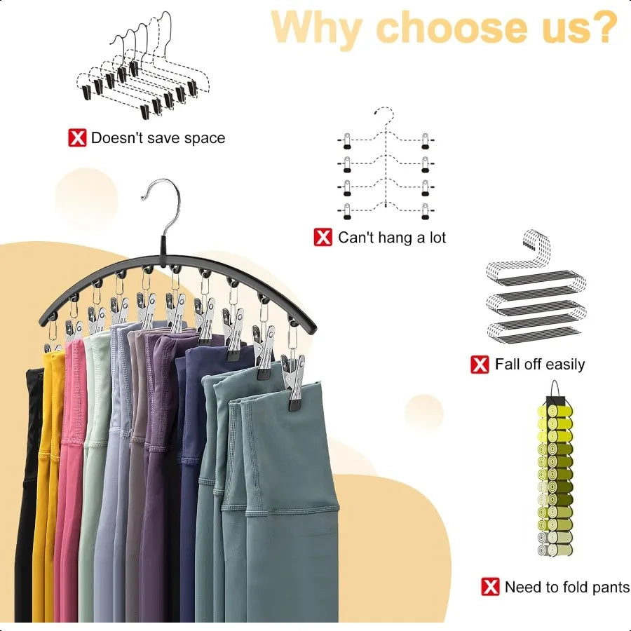 Legging Organizer for Closet Metal Yoga Pants Hangers 2 Pack w 10 Clips Holds 20 Leggings Space Saving Hanging Closet Organizer