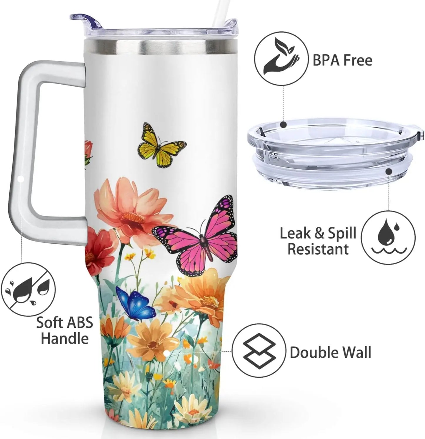 40oz Butterfly Tumbler with Handle and Straw Flower Insulated Cup with Leakproof Lid Travel Drinking Cups Birthday Gifts