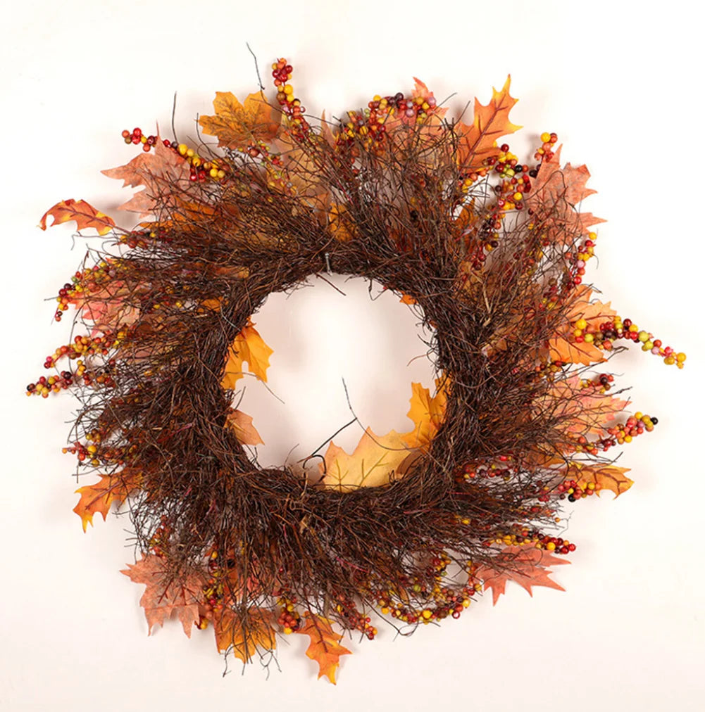 1Pc Xmas Thanksgiving Day Artificial Berries Maple Leaf Garland Realistic Unfading Foam, Rattan Wreath Hanging Decor