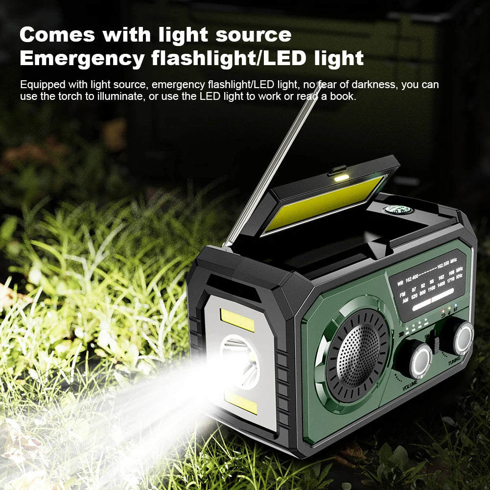16000mAh AM/FM/WB NOAA Emergency Weather Radio Hand Crank/Solar/Type-C Charging LED Flashlight Reading Lamp Power Bank