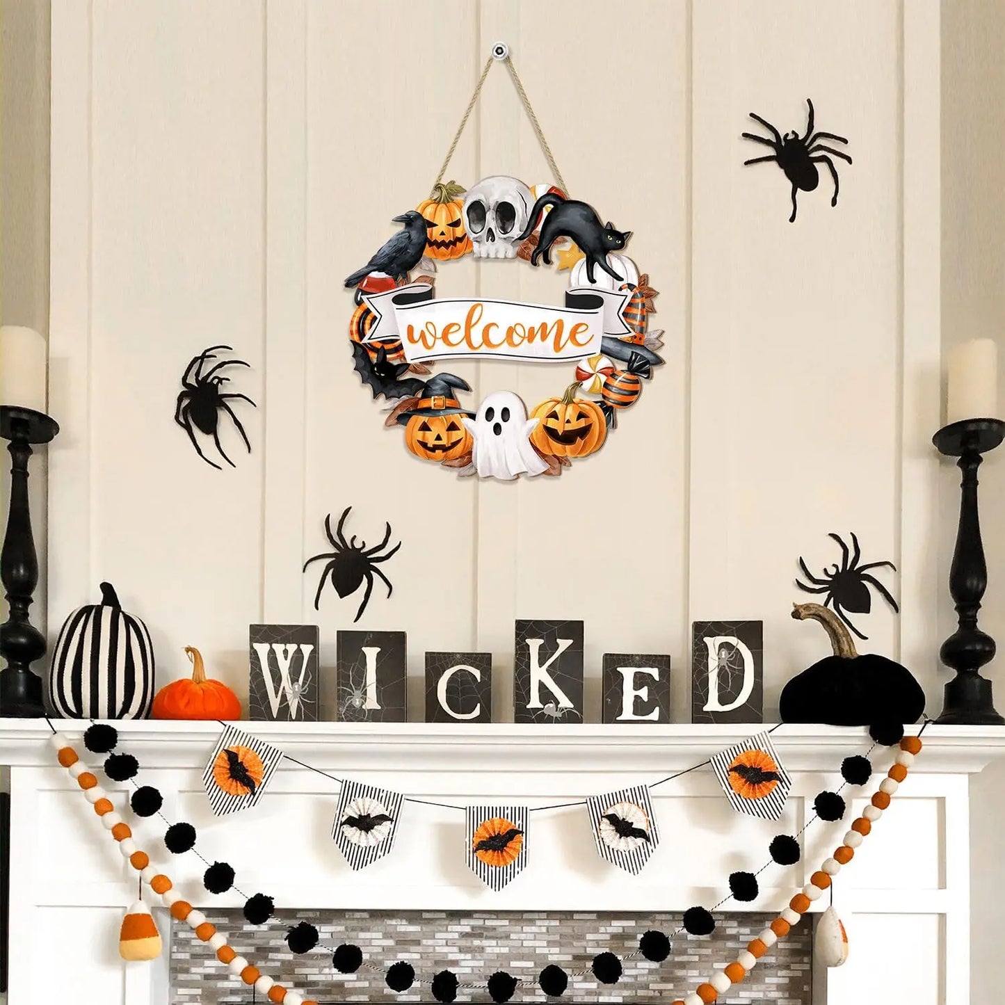 Rustic Halloween Wooden Wreath – Ghost, Cat, Pumpkin & Skull Door Sign for Front Door & Home Decor