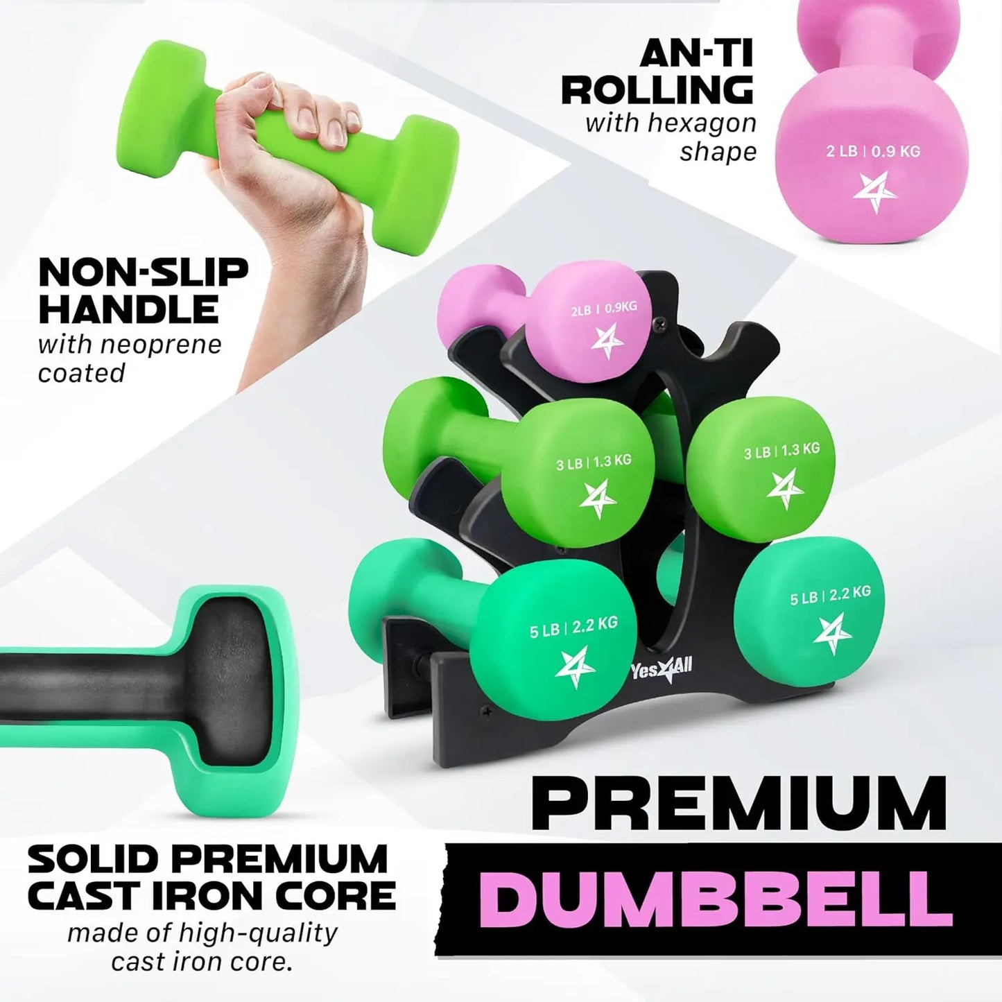 Coated Dumbbell Hand Weight Sets Multiple Weight Options with Rack Anti roll Anti Slip Hexagon Shape
