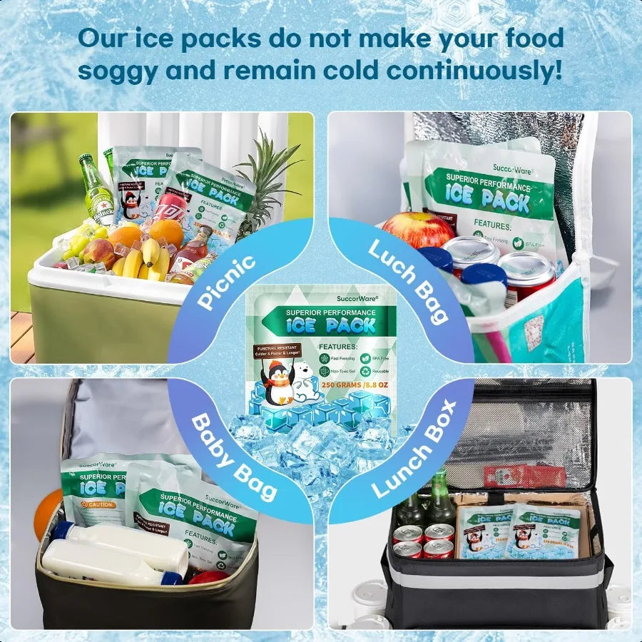 5 Packs Reusable Ice Packs for Lunch Boxes 12+ Hour Cooling Ice Gel Pack for Camping Beach Office Ice Packs for Cooler Bag Cool