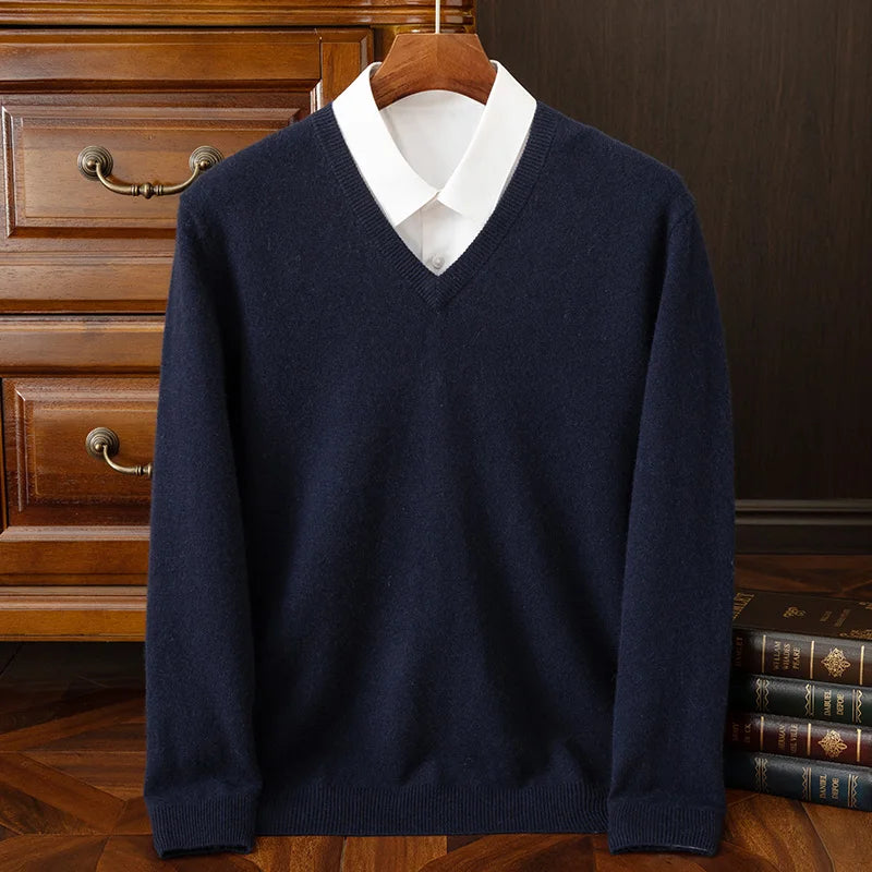Fashion Men's 100% Cashmere Pullover Sweater V-neck Long Sleeve Thick Pullover Autumn Winter Smart Casual Cashmere Knit Clothing
