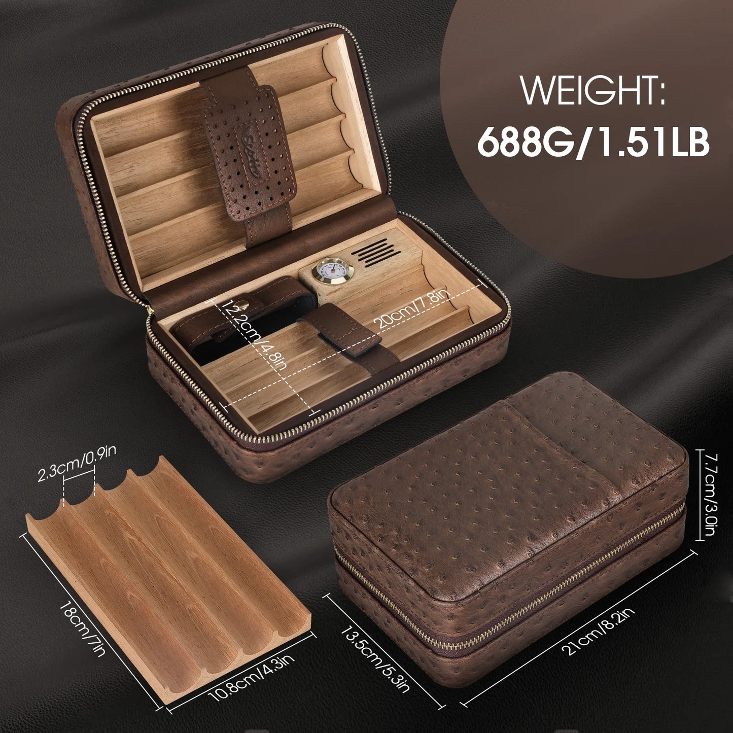 Portable Travel Cigar Humidor,Cedar Wood Lined Leather Case Built in Hygrometer & Humidifier,Cigar Lighter with Holder Punch