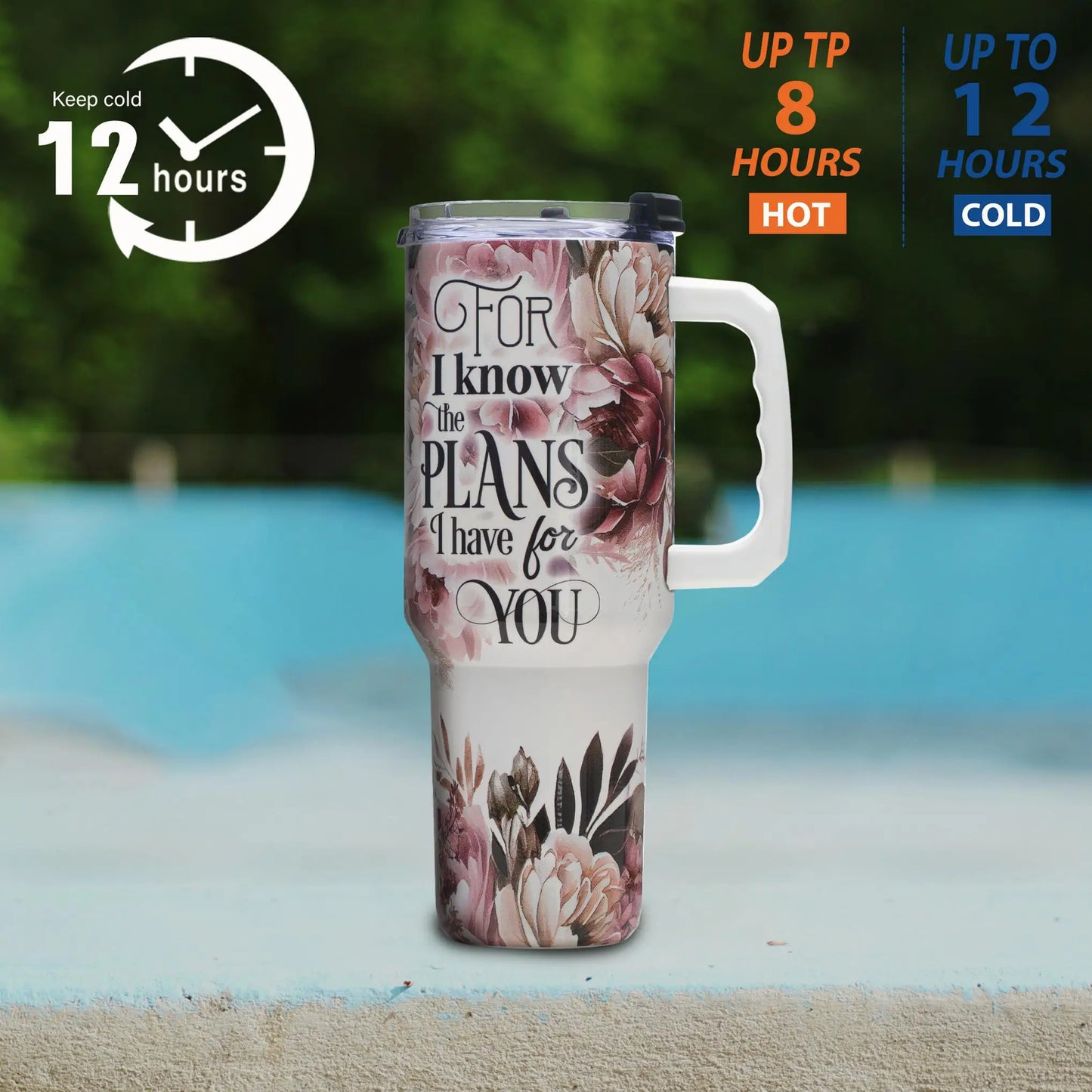 Floral Christian Tumbler 40oz,Vacuum Insulated Stainless Steel Cup with Lid & Handle, Bible Verse Print, Wide Mouth Gift
