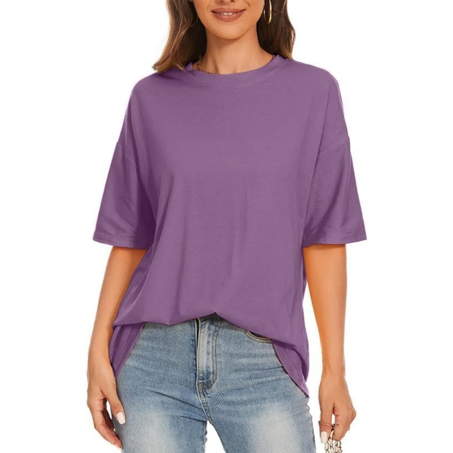 Womens Summer Casual Loose T-Shirt Short Sleeve Crewneck Solid Color Basic Tee Oversized Tunic Tops