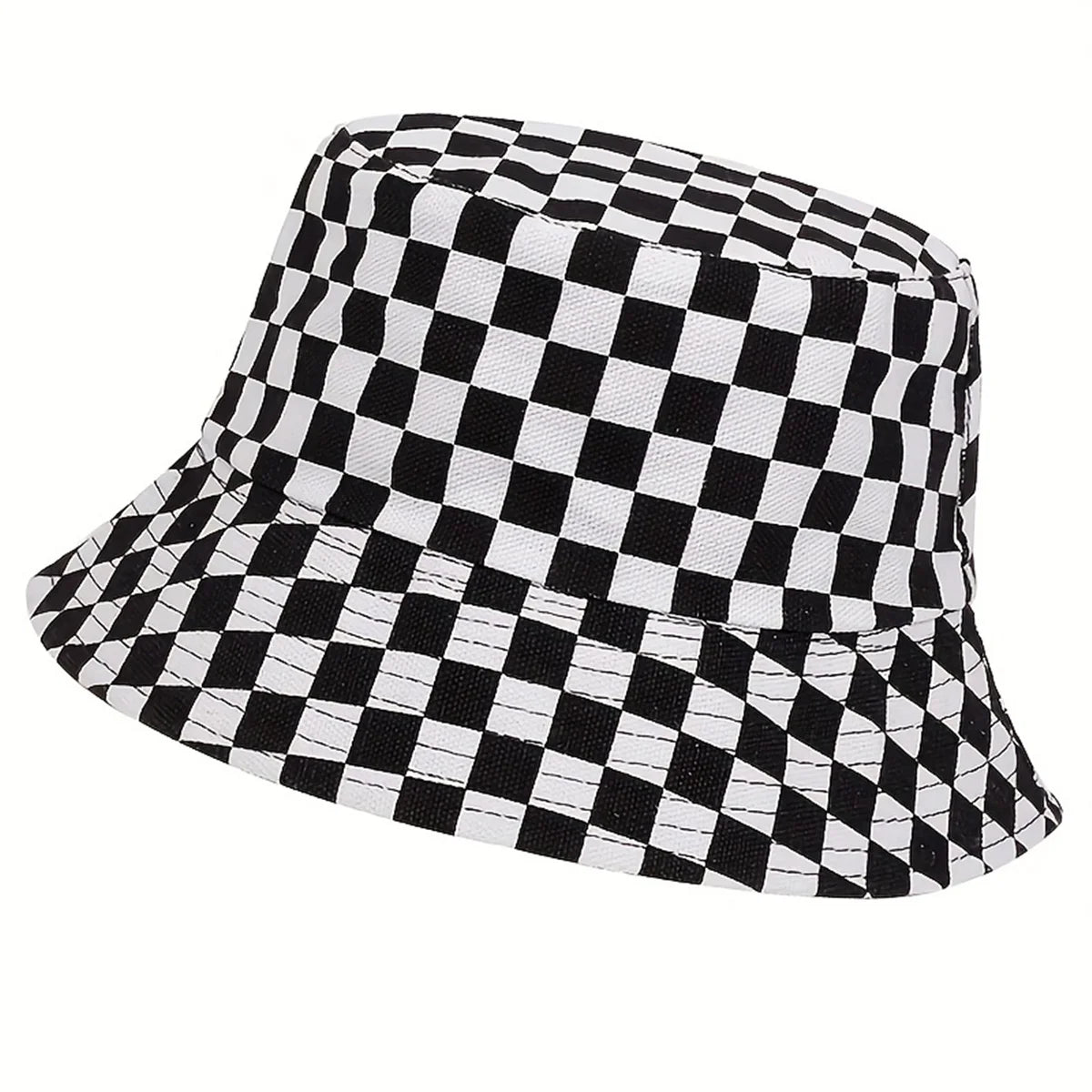1piece Unisex ack White Grid Reversible Bucket Hat Outdoor Sunscreen Leisure Hat Spring Autumn Travel Tourism Beach Vacation