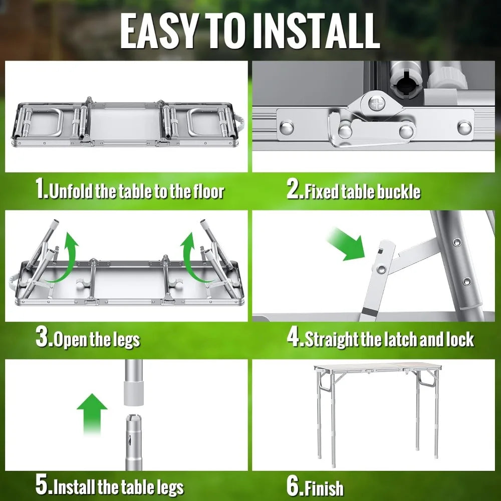 Folding Table for Camping, 3-Adjustable Height Lightweight Folding Picnic Table with Storage Bag, Portable Aluminum Outdoor Tabl
