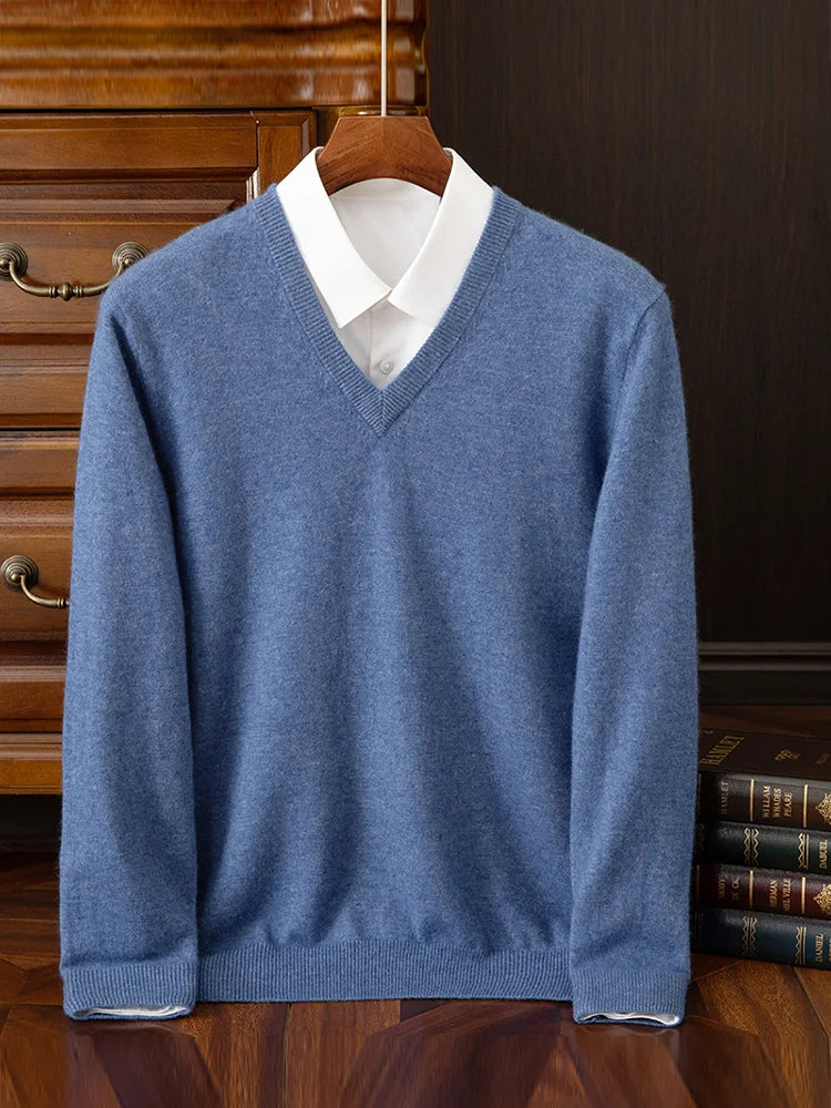 Fashion Men's 100% Cashmere Pullover Sweater V-neck Long Sleeve Thick Pullover Autumn Winter Smart Casual Cashmere Knit Clothing
