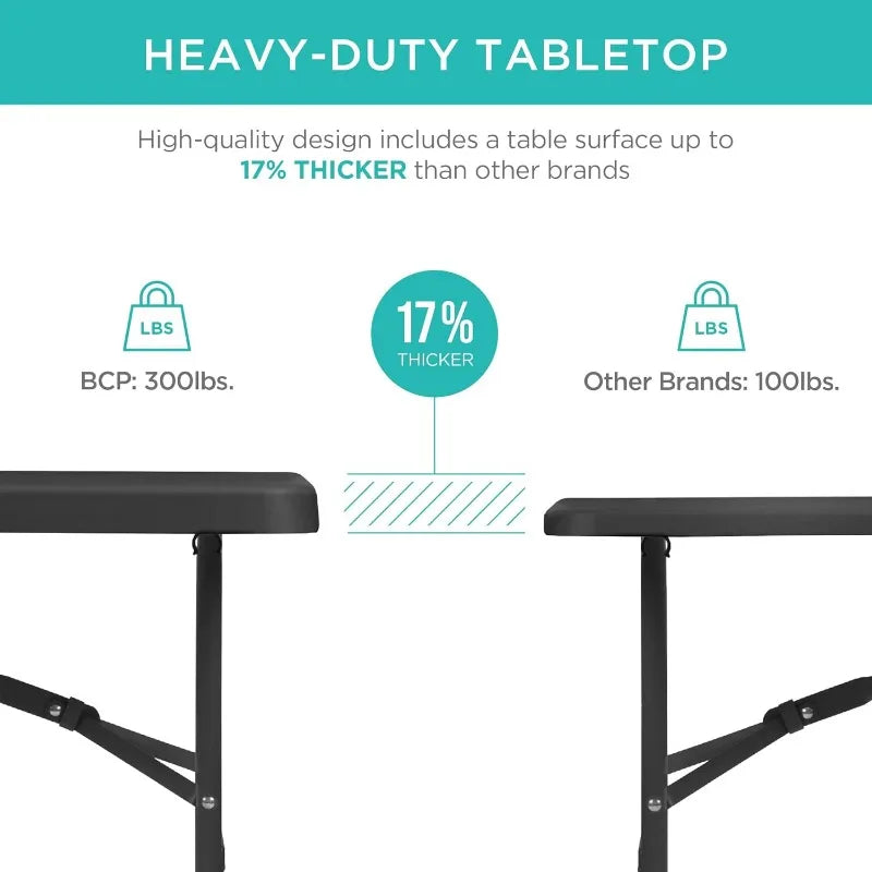 6ft Plastic Folding Table, Indoor Outdoor Heavy Duty Portable w/Handle, Lock for Picnic, Party, Camping - Black
